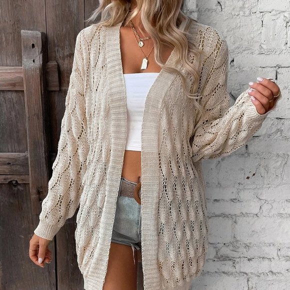 Apricot Casual Womens Pointelle Knit Drop Shoulder Duster Cardigan - Picture 3 of 5